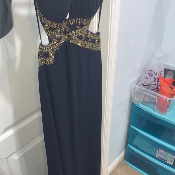 Laura Luxurious Dark Blue Long Dress Open Back with Gold Crystals - Picture 5 of 13